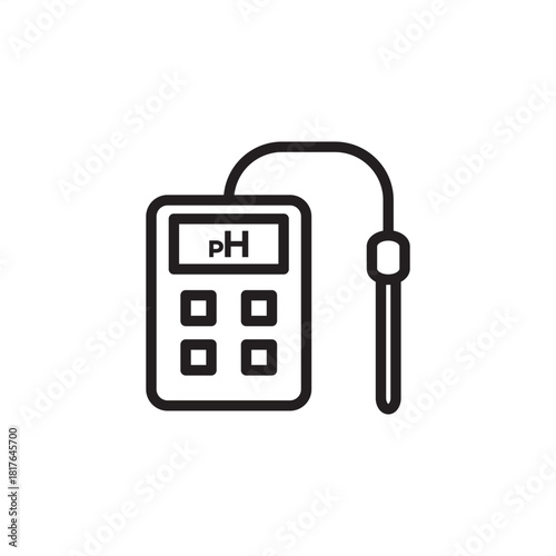 Digital pH meter icon with probe and display, flat line style. Essential for water testing, chemical analysis, science, agriculture, and quality control. Editable stroke line icon.