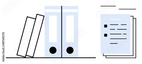 Arranged files, books leaning on ring binders, and a stack of documents. Ideal for organization, office setup, education, business, filing systems knowledge sharing productivity. Simple flat