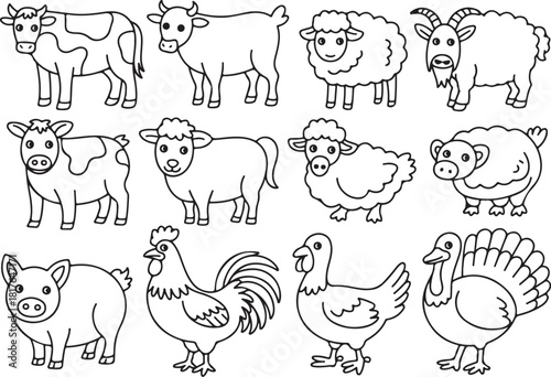 Adorable farm animals line art for kids crafts