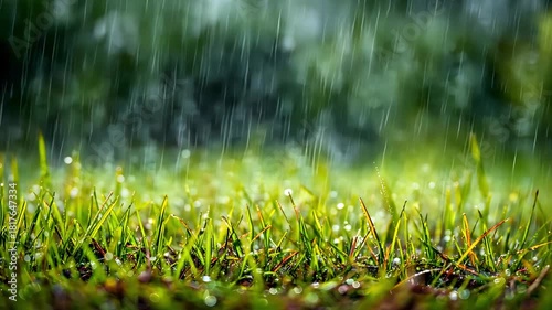 Refreshing rain falling on vibrant green grass close-up scene.