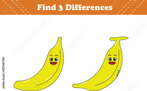 Education game for children find three differences between two fruits cartoon. Vector illustration