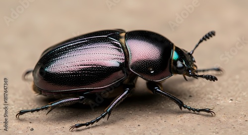 A close-up side view of a dark iridescent beetle with a metallic sheen on a textured surface.