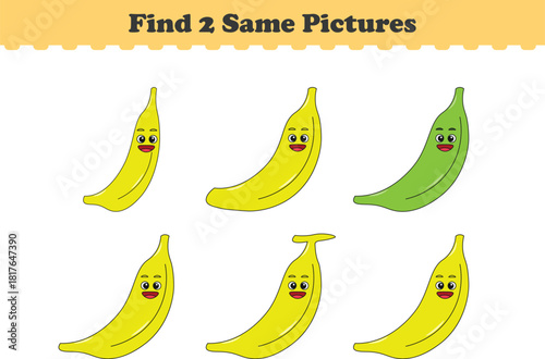 Funny cartoon fruits. Find two same pictures. Educational game for children. Cartoon vector illustration