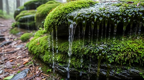 Close up of water flowing over lush green moss covered rocks in a forest