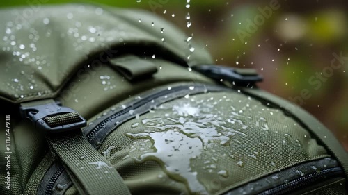 Close up of water droplets on a green waterproof hiking backpack material