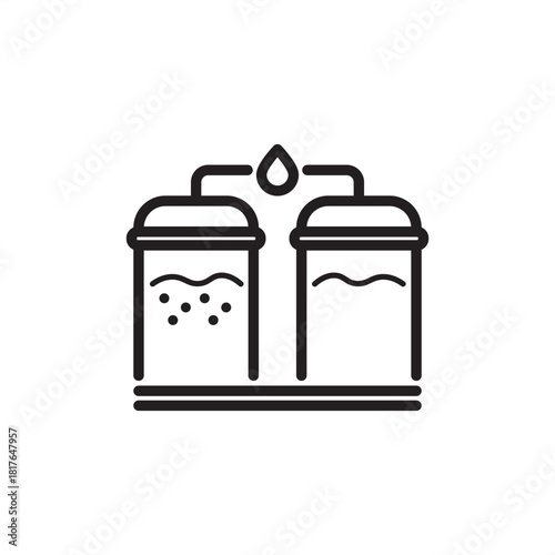 Black outline icon of two linked filtration tanks or purification columns. The image symbolizes a separation process, water treatment, or chemical processing, moving liquid from a contaminated state.
