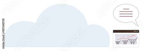 Cloud graphic with shopping cart growth chart in browser and speech bubble text. Ideal for cloud computing, e-commerce, analytics, data insight, online shopping, business strategy, technology. Simple