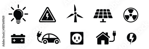 electricity icon set flat style vector collection of green energy symbols for renewable power usage, environmental sustainability projects, ECO technology presentations, educational.