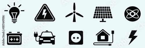 electricity icon set simple environmental sustainability symbols featuring renewable energy elements for modern clean technology branding, layouts, green marketing concepts, user interface.