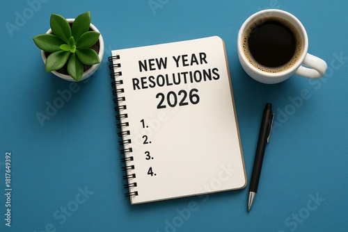 2026 goals notebook on desk with coffee and plant representing New Year resolutions and planning