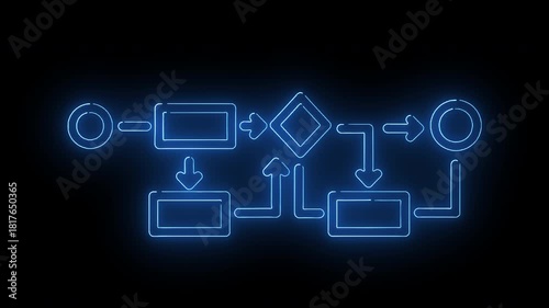 Neon structured flow diagram with blocks and decision shapes illustrating digital operations and automated logic sequences