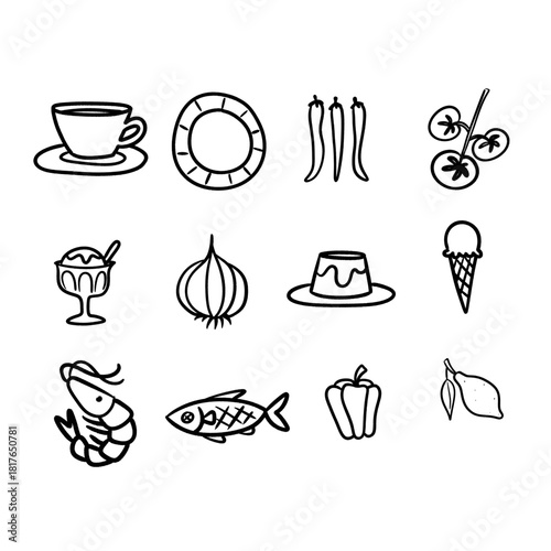 Charming decorative food icon set for digital journaling and restaurant identity, featuring assorted black and white line drawings of snacks and beverages for quirky stationery and logos.