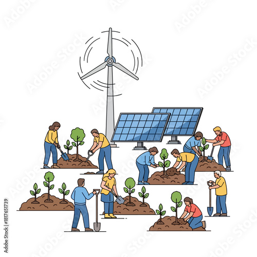 Diverse people plant tree saplings near wind turbines and solar panels, symbolizing environmental sustainability efforts in a vibrant 2D flat illustration.