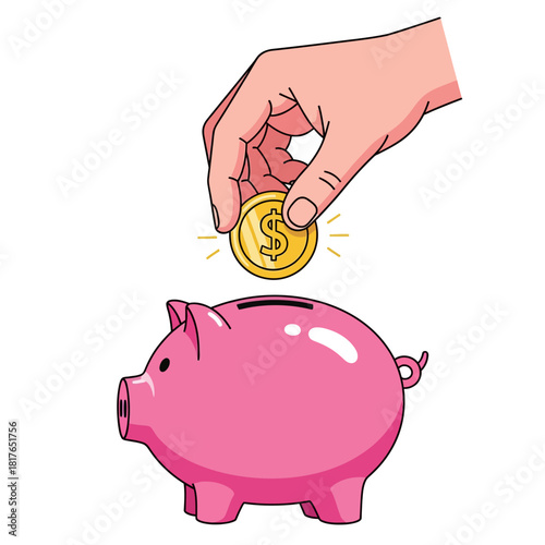 A giant hand places a shining dollar coin into a large ceramic piggy bank, symbolizing financial planning and money savings in a flat 2D illustration.
