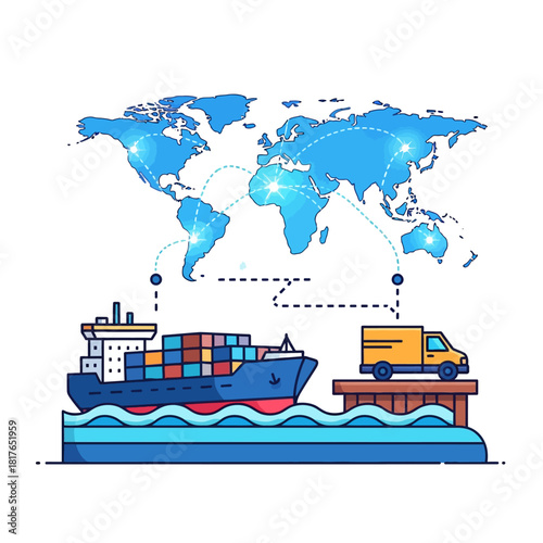 This vibrant 2D flat vector illustration symbolizes global logistics, featuring a large container ship and a delivery van on a pier connected by lines to an efficient glowing world map.