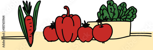 A vibrant cartoon illustration showcases a collection of fresh vegetables, including carrots, tomatoes, peppers, and spinach, against a plain background.