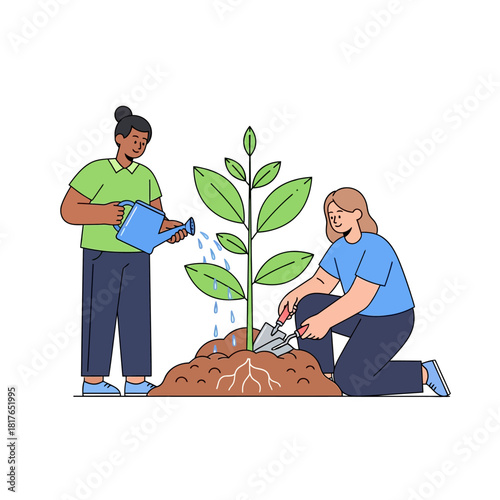 Diverse people nurture a large, thriving seedling with a watering can and trowel, representing conservation in a vibrant 2D flat vector illustration.