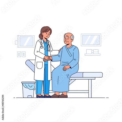 A female doctor offers professional care and reassurance to an elderly male patient sitting on an examination table in a clinical room, presented as a vibrant flat 2D vector illustration.