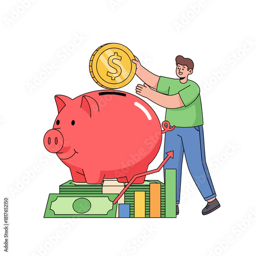 A happy individual is celebrating financial saving success by depositing a large coin into an oversized piggy bank positioned on money and charts, in a clean flat vector illustration.