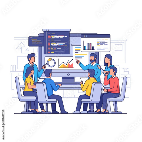 A team of software developers is collaborating around a large computer monitor, reviewing complex code and data metrics in a modern office, rendered in a 2D flat vector illustration style.