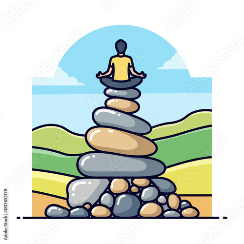 Meditating on a towering stacked stone cairn, a person in the lotus position overlooks a calm stylized landscape, illustrated as a vibrant 2D flat vector focusing on balance and spiritual mindfulness.