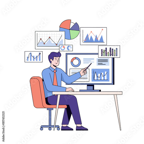 A professional male data analyst is sitting at his desk, pointing at data trends displayed on a large monitor, surrounded by abstract floating charts in this flat 2D vector illustration.