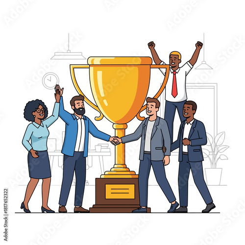 A diverse business team celebrates a major corporate victory by high-fiving and shaking hands around a giant trophy in this vibrant 2D flat vector illustration.