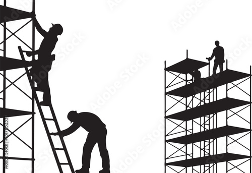 Construction workers on scaffolding silhouette art