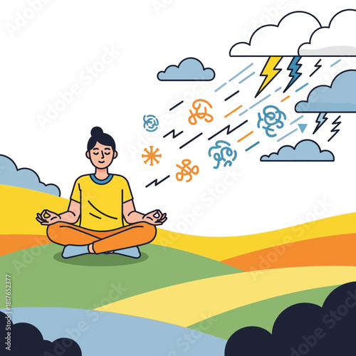 A relaxed person sits in the lotus position on a calm hill, flat 2D vector illustration symbolizing mental peace and balance as stylized stress icons and storm clouds drift away.