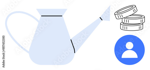 Watering can symbolizing growth near stacked coins and user avatar. Ideal for investment, growth, marketing, finance, user engagement, productivity, nurturing ideas. Simple flat metaphor