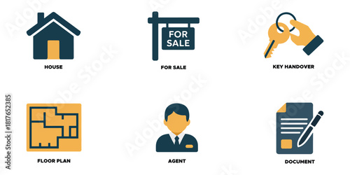 Real estate icon set featuring house for sale sign key handover floor plan agent and document vector illustration for property and housing related designs