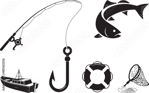 Fishing icons showing boat, rod, hook, net, and fish