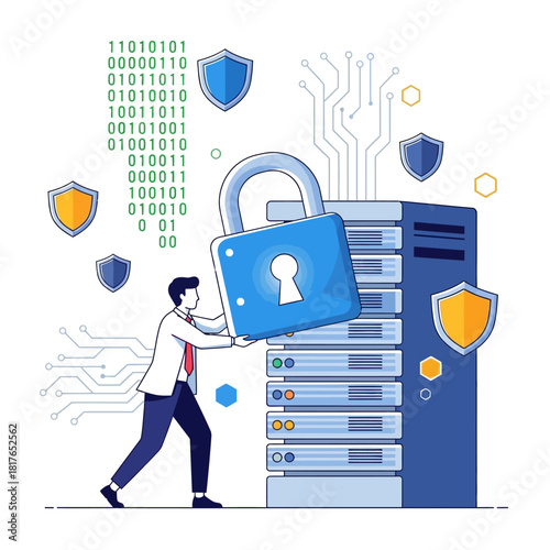A cybersecurity expert secures a stylized server rack by placing a massive digital padlock on it within a data center environment, visualized as a clean flat 2D vector illustration.