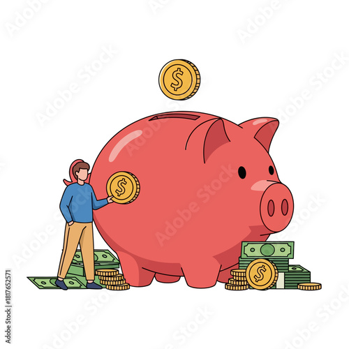 Financial growth concept features a young adult saving money in a giant piggy bank, surrounded by currency stacks, rendered in vibrant 2D flat vector illustration style.