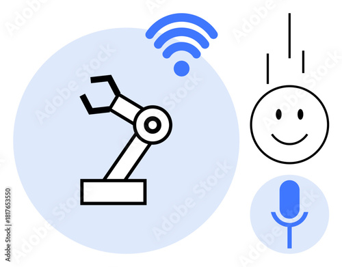 Robotic arm connected via wireless signal, smiling face, and microphone. Ideal for automation, robotics, AI, machine learning, IoT smart tech digital innovation. A simple flat metaphor