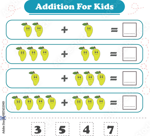 Game for children fun addition by counting fruits pictures printable worksheet vector