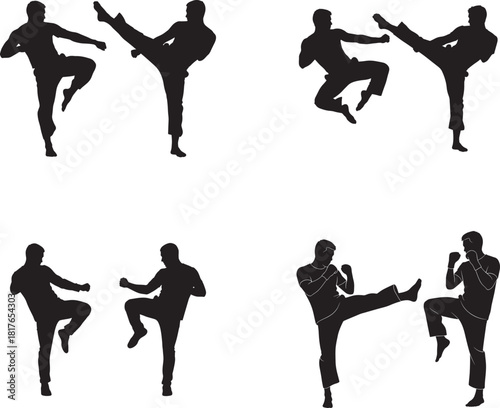 Karate Fighters Men Sparring Kick Silhouette Vector Set