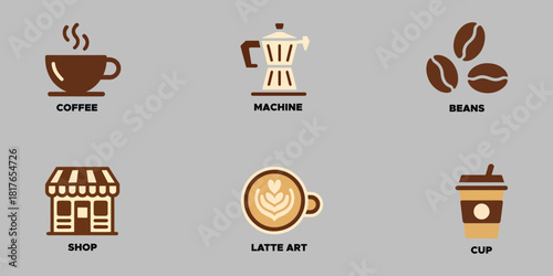 Coffee shop icon set featuring a cup beans and latte art in a simple flat vector design for cafe menus and branding