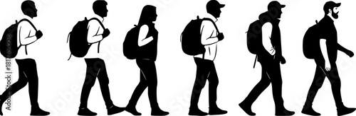 Group of men and women, people walking with backpacks, silhouettes, vector, profile, black isolated on white background
