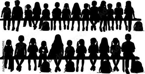 Vector silhouettes of a children and a teenagers sitting on a bench, a group of young people, black color on a white background
