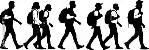 Group of men and women, people walking with backpacks, silhouettes, vector, profile, black isolated on white background
