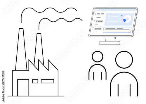 Industrial factory with chimneys, monitor displaying data dashboard, two figures symbolizing teamwork. Ideal for data analysis, innovation, sustainability, collaboration, digital transformation