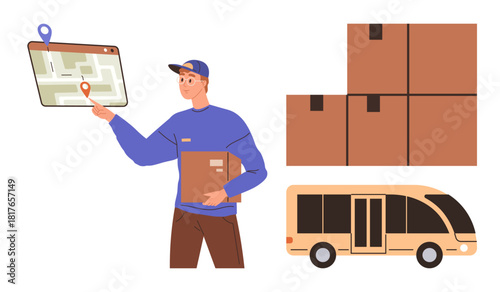 Courier holding parcel while pointing at map on tablet, delivery truck, and stack of boxes. Ideal for logistics, transport, e-commerce, delivery services, supply chain, route planning simple flat