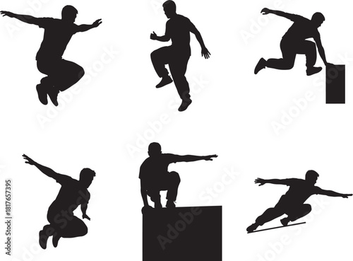 Parkour Men Free Running Jumping Silhouette Vector Set