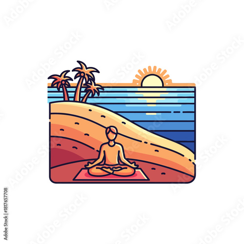 A vibrant 2D flat vector illustration shows a solitary person meditating in the lotus position on a yoga mat atop a stylized hill during a serene ocean sunset.