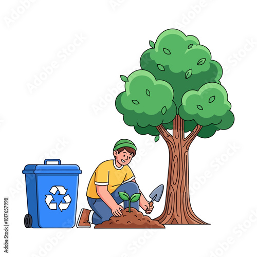Planting a seedling in fertile soil, a young person performs environmental conservation next to a recycling bin and stylized tree in this vibrant flat 2D vector illustration.
