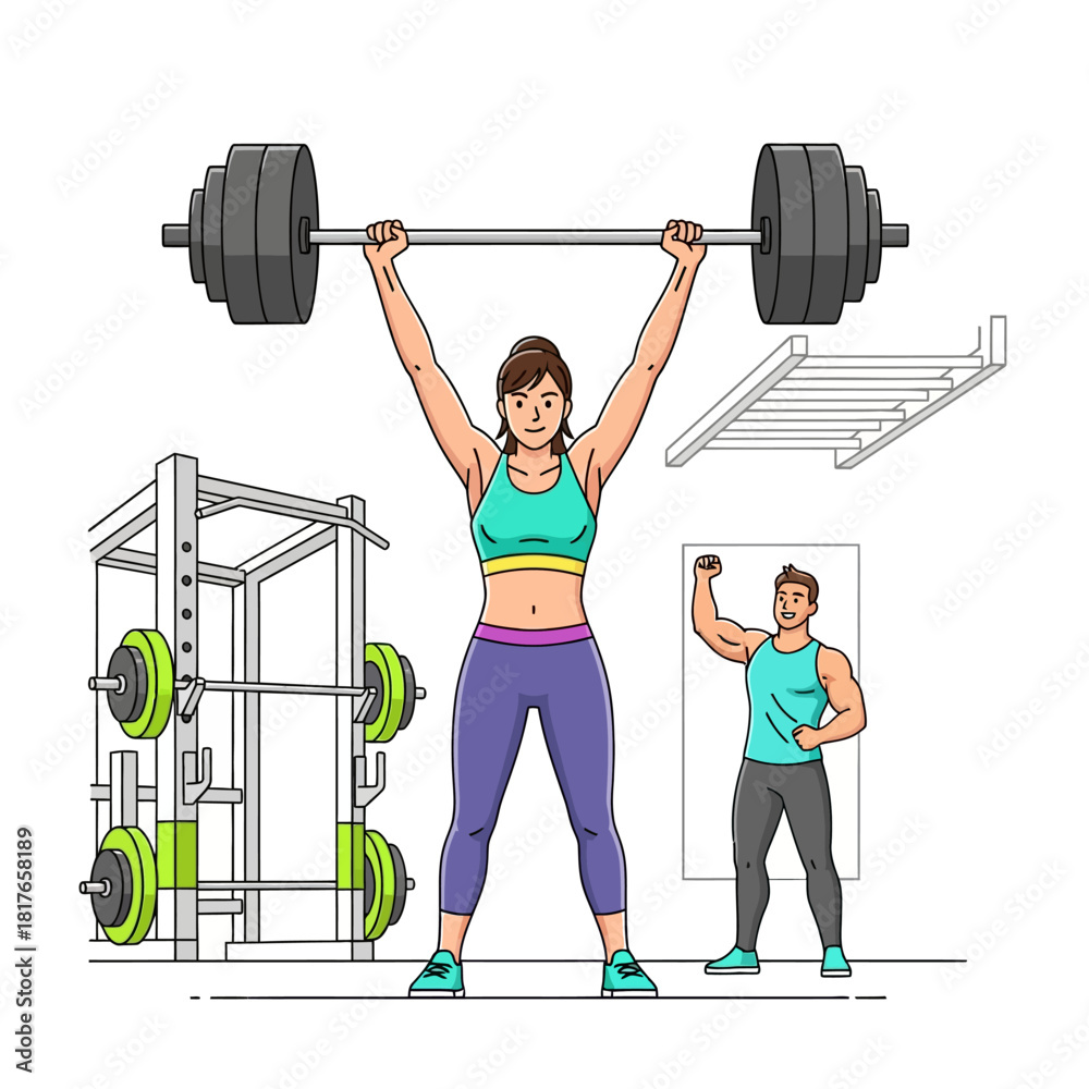 Fototapeta premium A determined woman successfully performs a heavy barbell lift, achieving her fitness goal as a motivational trainer cheers in this vibrant 2D flat vector illustration.