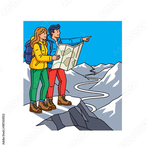 Adventurous couple stands on a remote mountain peak, holding a map and pointing towards the winding path below, symbolizing travel and navigational discovery in a vibrant flat 2D vector illustration.