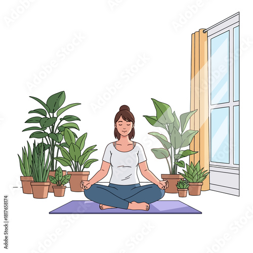 A simplified 2D flat vector illustration shows a peaceful woman sitting cross-legged on a yoga mat, practicing mindful meditation in a sunny living room filled with vibrant potted house plants.