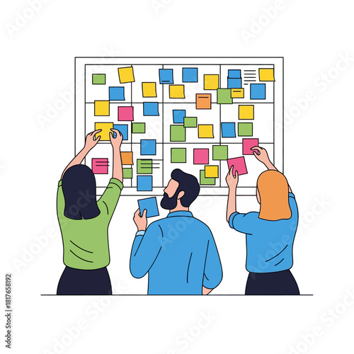 Diverse business team members use vibrant sticky notes on a wall board during a strategic planning meeting, created as a simplified flat vector illustration.